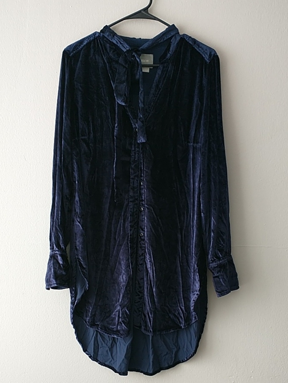 Maeve Navy Velvet Long-Sleeve Button Shirt with Tunic Dress Tie Neck
